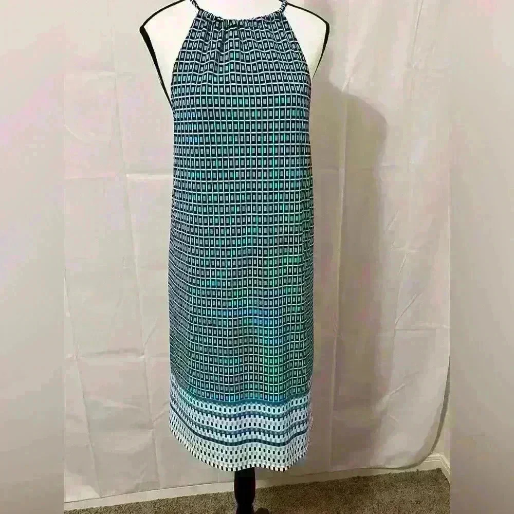 Max Edition Womens Sleeveless Dress Blue White Geometric Print Halter Neck Large
